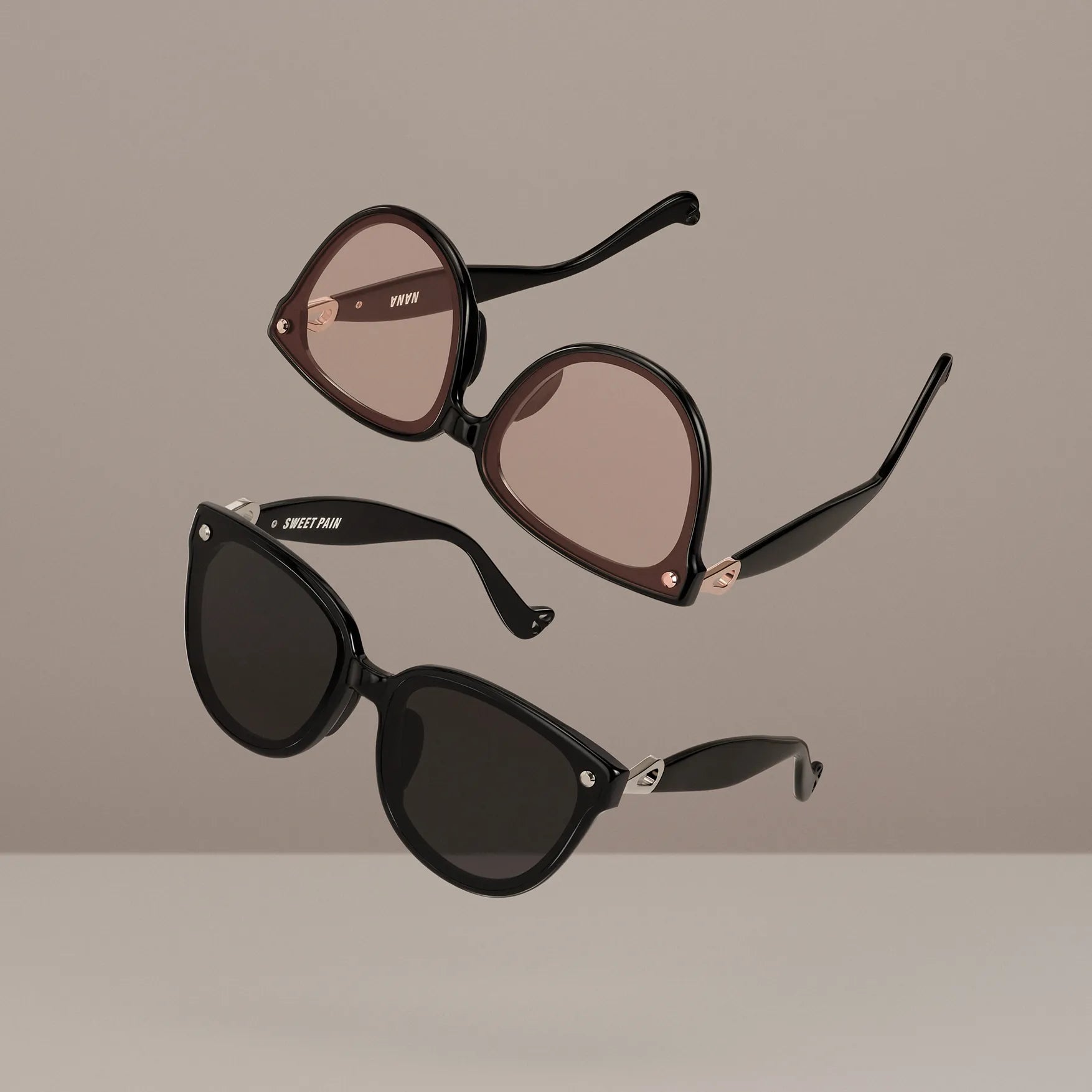 Sweet Pain's Empowerment – A captivating image showcasing two distinct pairs of Sweet Pain sunglasses, highlighting the brand's dedication to empowering every woman by providing stylish, comfortable, and uniquely designed eyewear.