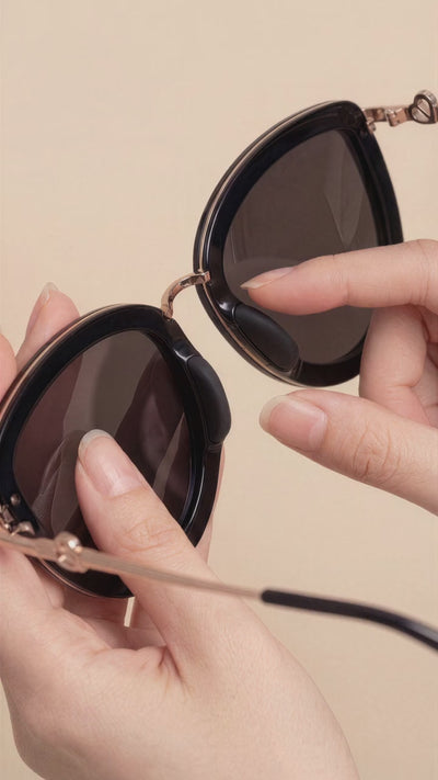 Sweet Pain sunglasses craftsmanship detail — hands examining hand-polished frame finish